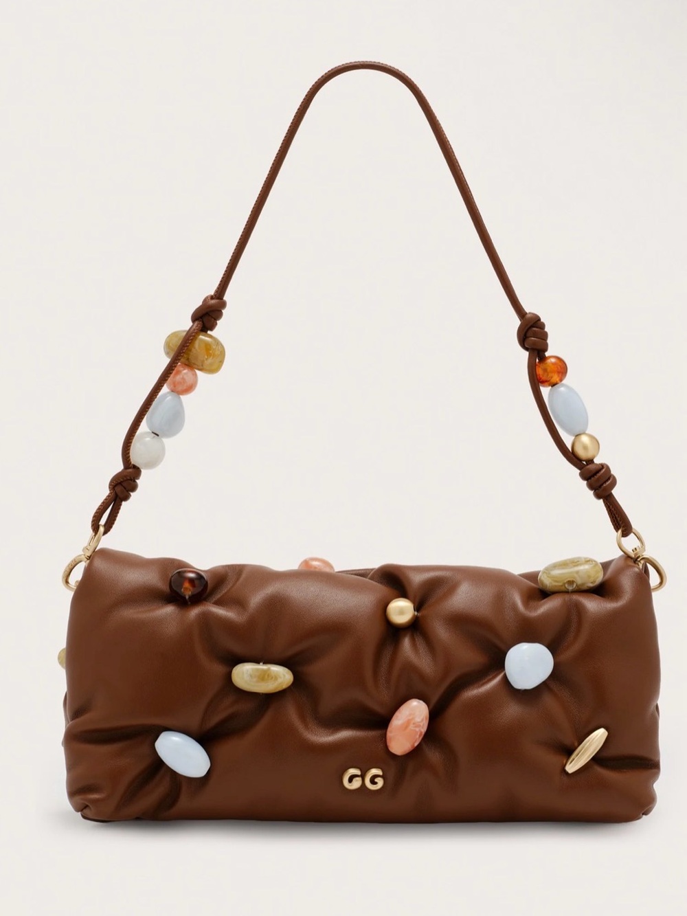 cult gaia Brown Shoulder Bag with Multicolor Bead Accents